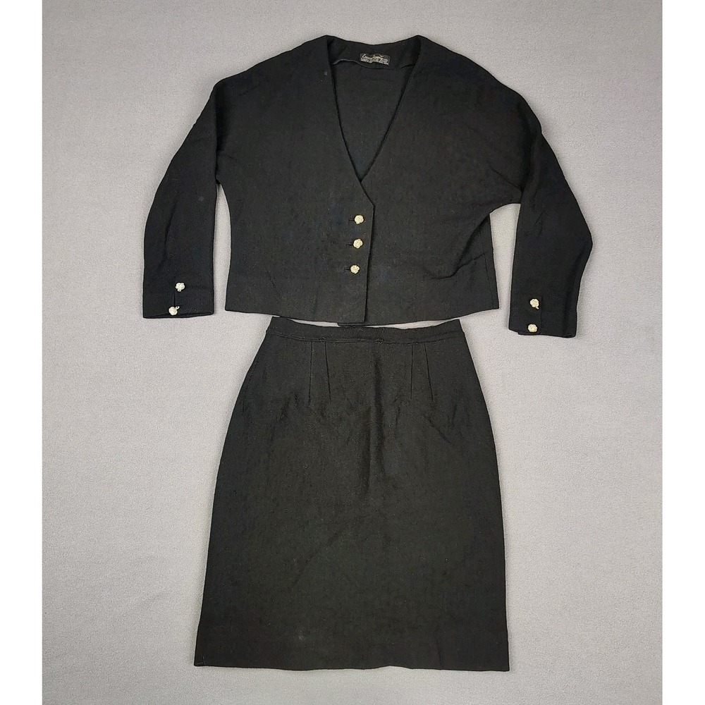 Vintage 50s Wool Knit Blazer Skirt Set Size 2 Career Dark Romantic Made In Italy